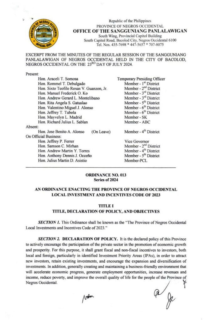 THE PROVINCE OF NEGROS OCCIDENTAL LOCAL INVESTMENT AND INCENTIVES CODE OF 2023